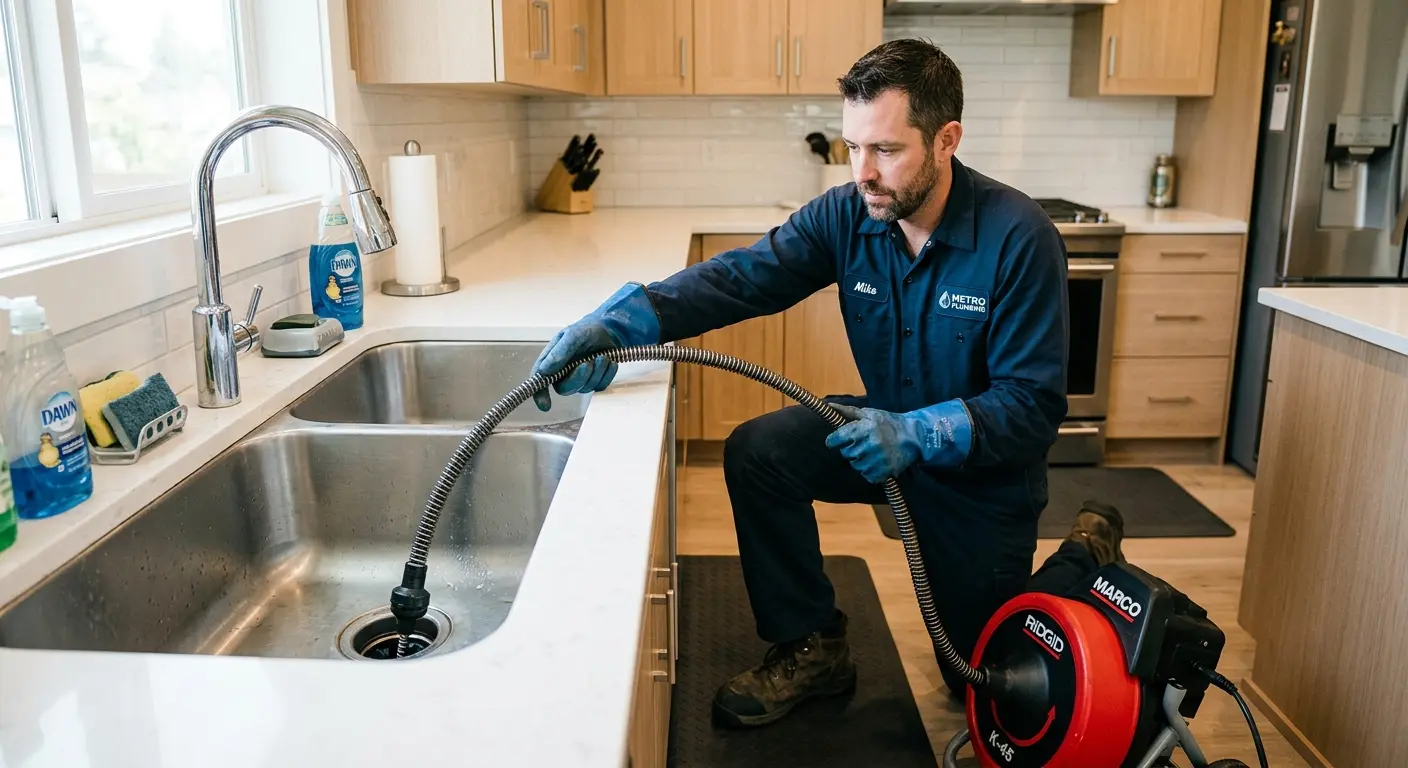 Drain cleaning technician using a motorized snake on a kitchen sink in Ames
