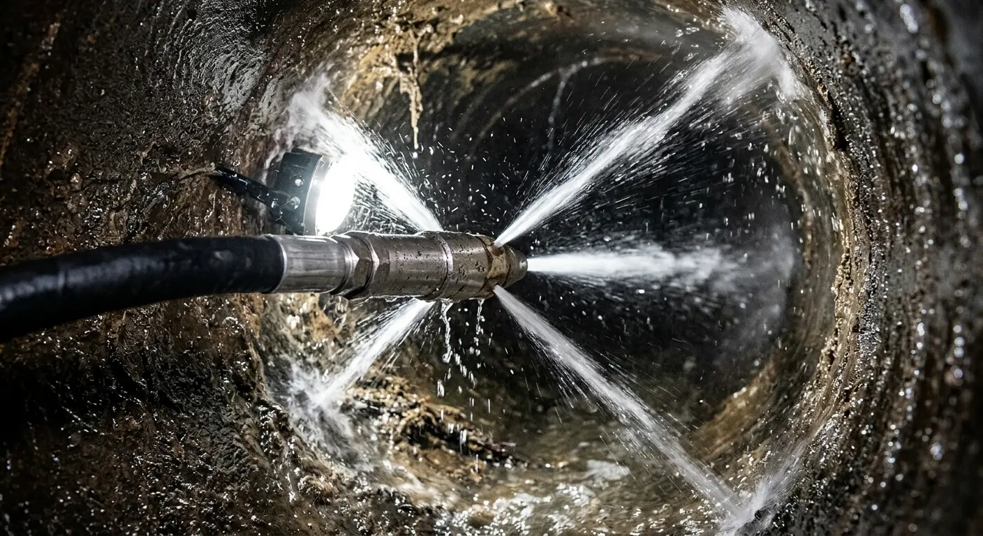 High-pressure hydro jetting nozzle cleaning sewer pipe for Sewer Cleanout in Ames