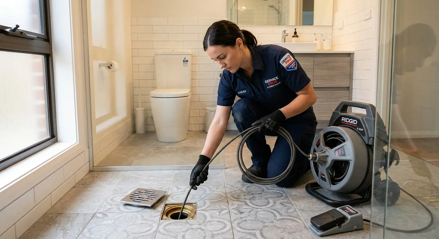 Technician clearing a bathroom floor drain for Drain Cleaning in Ames